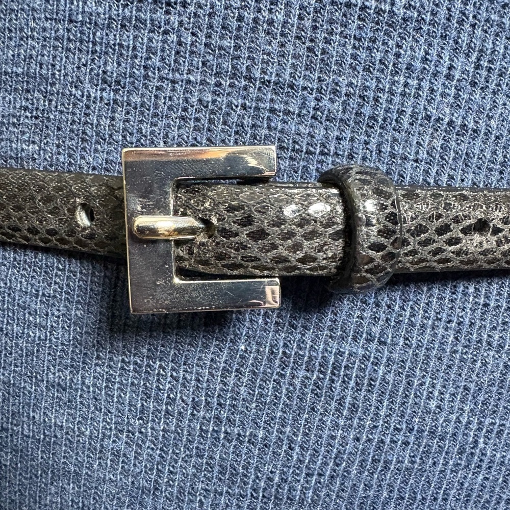 Skinny Black Snakeskin Belt with Silver Buckle. Size L